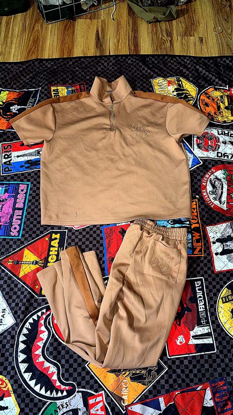 Brown Oversize Quarter-Zip Short Sleeve Tracksuit Set